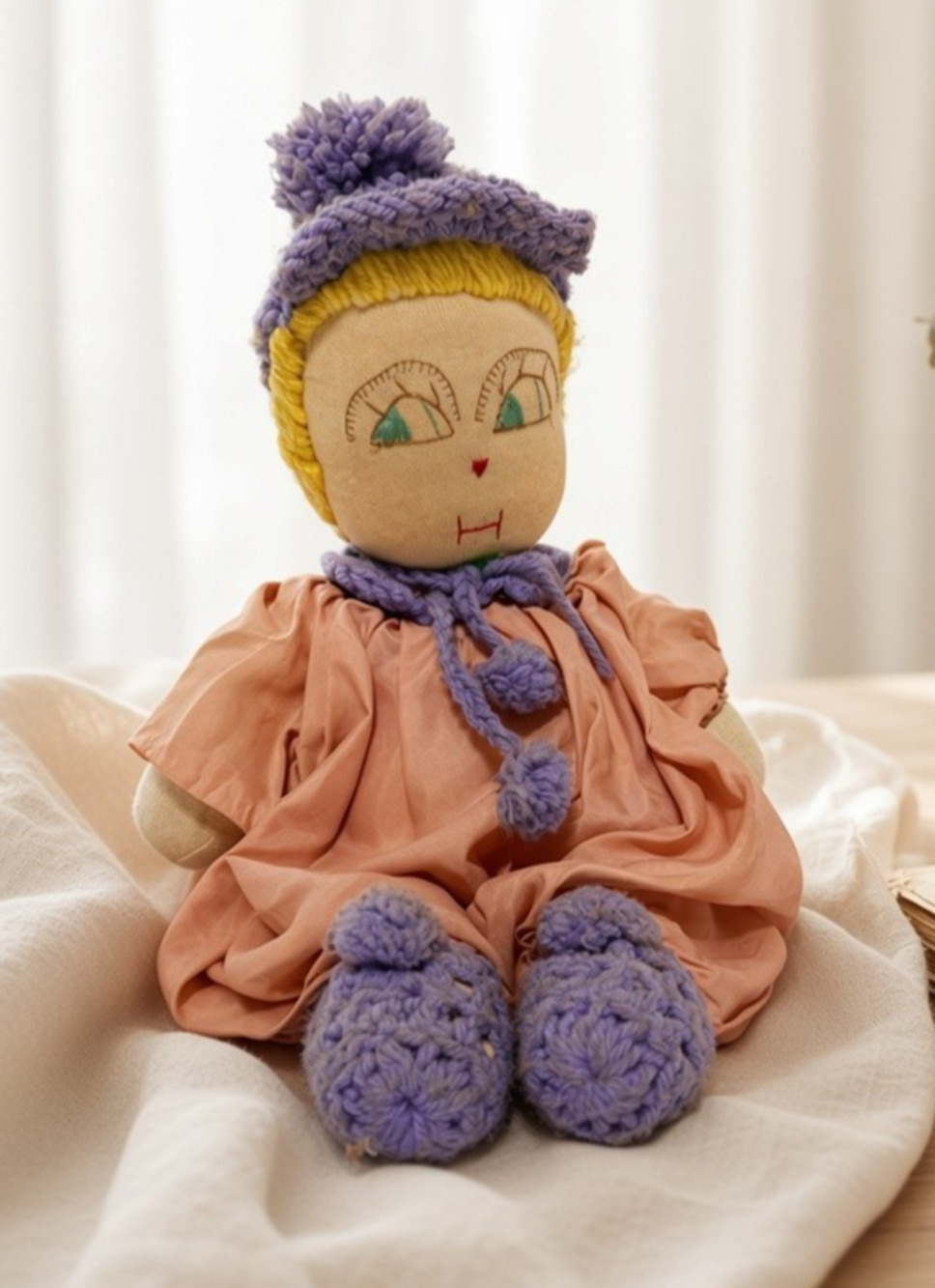 Vintage Handmade Hand Stitched & Crochet Stuffed Doll 15" Plush Folk Art Toy